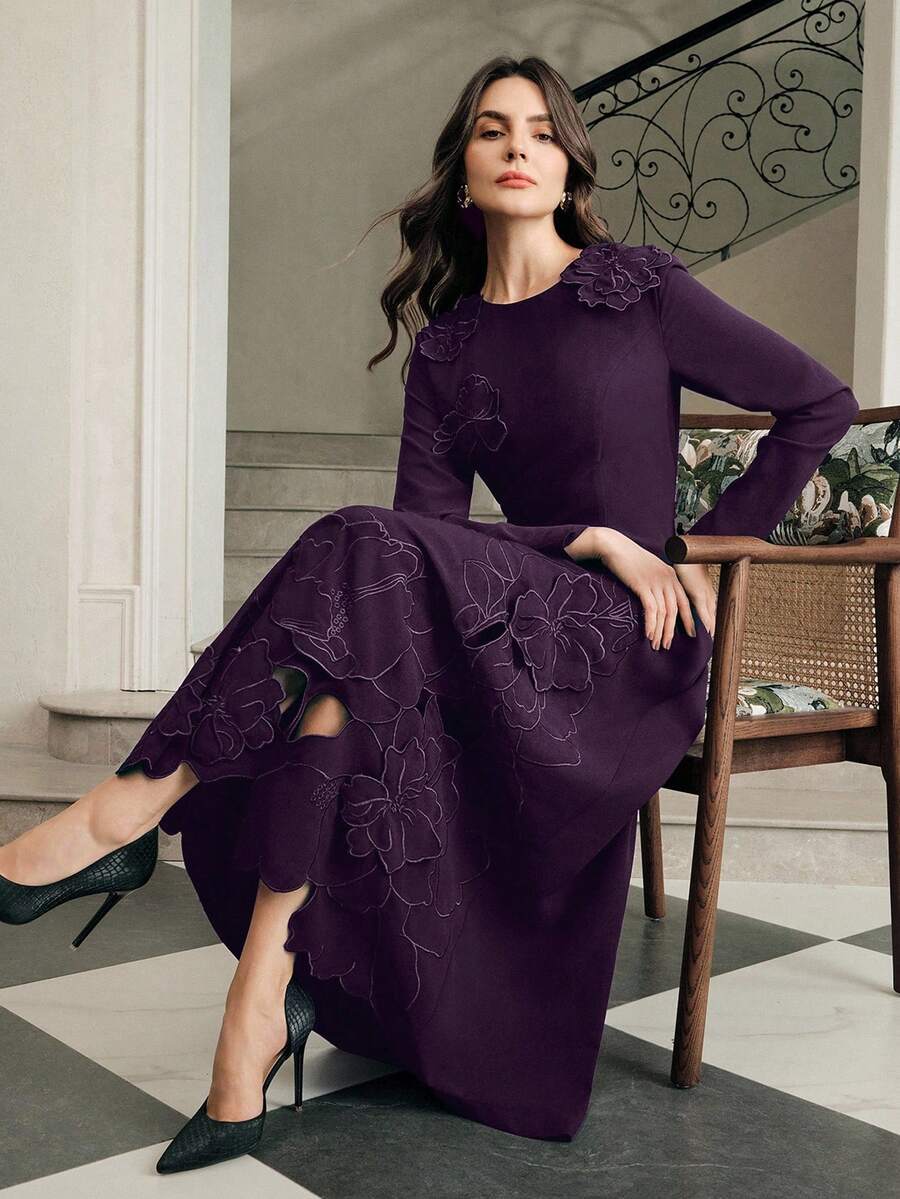 Anewsta Đầm nữ thanh lịch, sang trọng, tinh tế với họa tiết thêu hoa 3D, ôm dáng, trang nhã và quyến rũ, phù hợp cho mùa thu, mùa đông, đi chơi, các dịp trang trọng, tiệc tùng, sang trọng, năm mới, Giáng sinh, công sở, lễ tốt nghiệp, đám cưới. - Màu tím - Xem 1