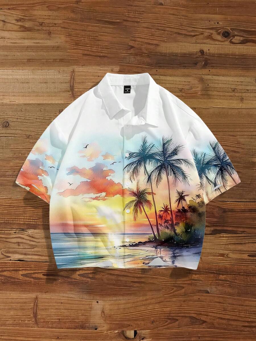 Manfinity Joysei Áo sơ mi nam tay ngắn dáng rộng, in hình phong cảnh cây dừa, thích hợp cho kỳ nghỉ xuân. - trắng - Xem 1