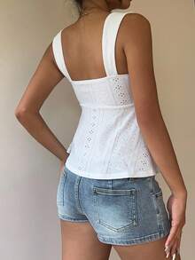 SHEIN PETITE CURVE White Summer Casual Vacation Women's Plus Size Petite Solid Color Drawstring Thick Strap Elegant Tank Top - White - View 3