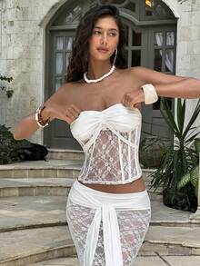 Opulessa Sexy Elegant Casual Going Out Beach Women's White Wedding Romantic Solid Color Lace Corset Fitted Tube Top, Spring Summer Vacation, Elegant Top For Party, Luxury Evening Top For Weddings, Graduation, Ceremony, Bridesmaid - White - View 7
