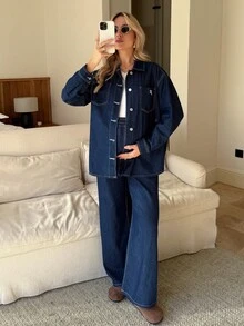 MaterniWear 2pcs Maternity Casual Denim Shirt And Pants Set Valentine's Day Vacation Outfits Women Carnaval Summer Spring Commuting Graduation Chic Y2k Cute Streetwear Party Wedding Elegant Business Casual Woman - Blue - View 9