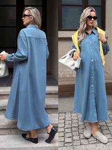 SHEIN 孕妇休闲水洗前扣牛仔连衣裙 情人节度假穿搭 女装 嘉年华 夏季春季 通勤 毕业季 时尚 Y2K 可爱 街头风 派对 婚礼 优雅 商务休闲 女装 - 藍色 - 查看 8