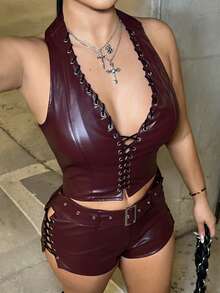 Dayanna Comas 2件套女士深酒红色露背上衣和高开叉短裤套装 - 紅色 - 查看 3