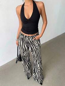 Aloruh 女士口袋斑马纹阔腿宽松休闲牛仔裤 - 白色 - 查看 1