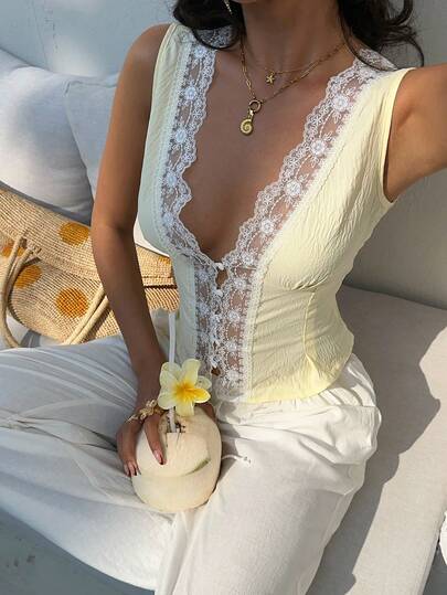 Aloruh Women's Contrast Lace Deep V-Neck Sleeveless Sexy Shirt