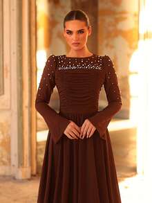 Aureia Elegant Brown Chiffon Round Neck Long Sleeve Hand-Embellished Pearls Pleats High Waist Large A-Line Skirt Luxury Evening Gown Wedding Party - Coffee Brown - View 3
