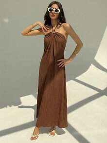 Aloruh Đầm dài xếp ly hở lưng màu sâm panh mới, kiểu dáng tối giản, trang trí quả cầu kim loại, dáng rộng và tôn dáng. - Cà phê nâu - Xem 5