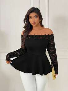 Femmeverse 大码女式露肩蕾丝边拼接纯色针织衫 - 黑色 - 查看 7