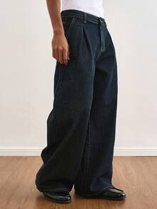 TOKVUE 男士休闲奢华水洗牛仔直筒阔腿裤 - 深色水洗藍 - 查看 6
