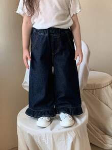 DAZY Toddler Girls' Casual Washed Vintage Korean Style Versatile Ruffle Hem Loose Wide Leg Jeans - Dark Wash - View 1