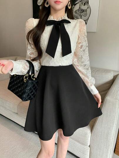 DAZY Vestido corto elegante de mujer con mangas abullonadas, cuello y bloques de color, con lazo, para invitada de boda en primavera/verano