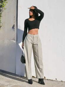 Yess Loren 中腰宽松百褶套装长裤，仅限可爱约会之夜外出秋季秋季圣诞夜外出工作返校干净利落冬季派对 - 灰色 - 查看 3