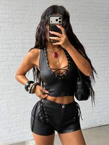 Jeanoix Y2K Women's Coated Keyhole Tie-Up Sexy Shorts - Black - View 6