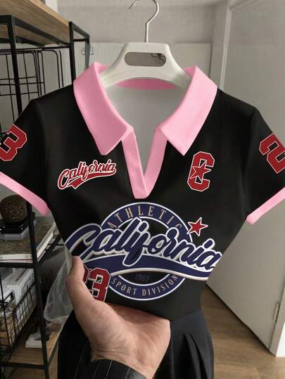 Rovax 女士休闲时尚街头风日常通勤字母、数字、星星印花撞色包边V领短袖T恤，夏季