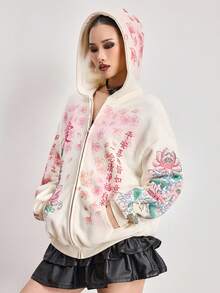 ROMWE Áo nỉ dáng rộng in họa tiết hoa tượng hình Phật cổ điển Y2K Streetwear dành cho nữ - trắng - Xem 6