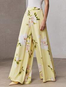 ZEYLAH 女士高腰口袋印花阔腿裤，春季 - 黃色 - 查看 4