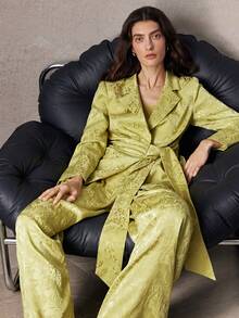 ZEYLAH 女士提花收腰宽松西装外套，春季 - 綠色 - 查看 6