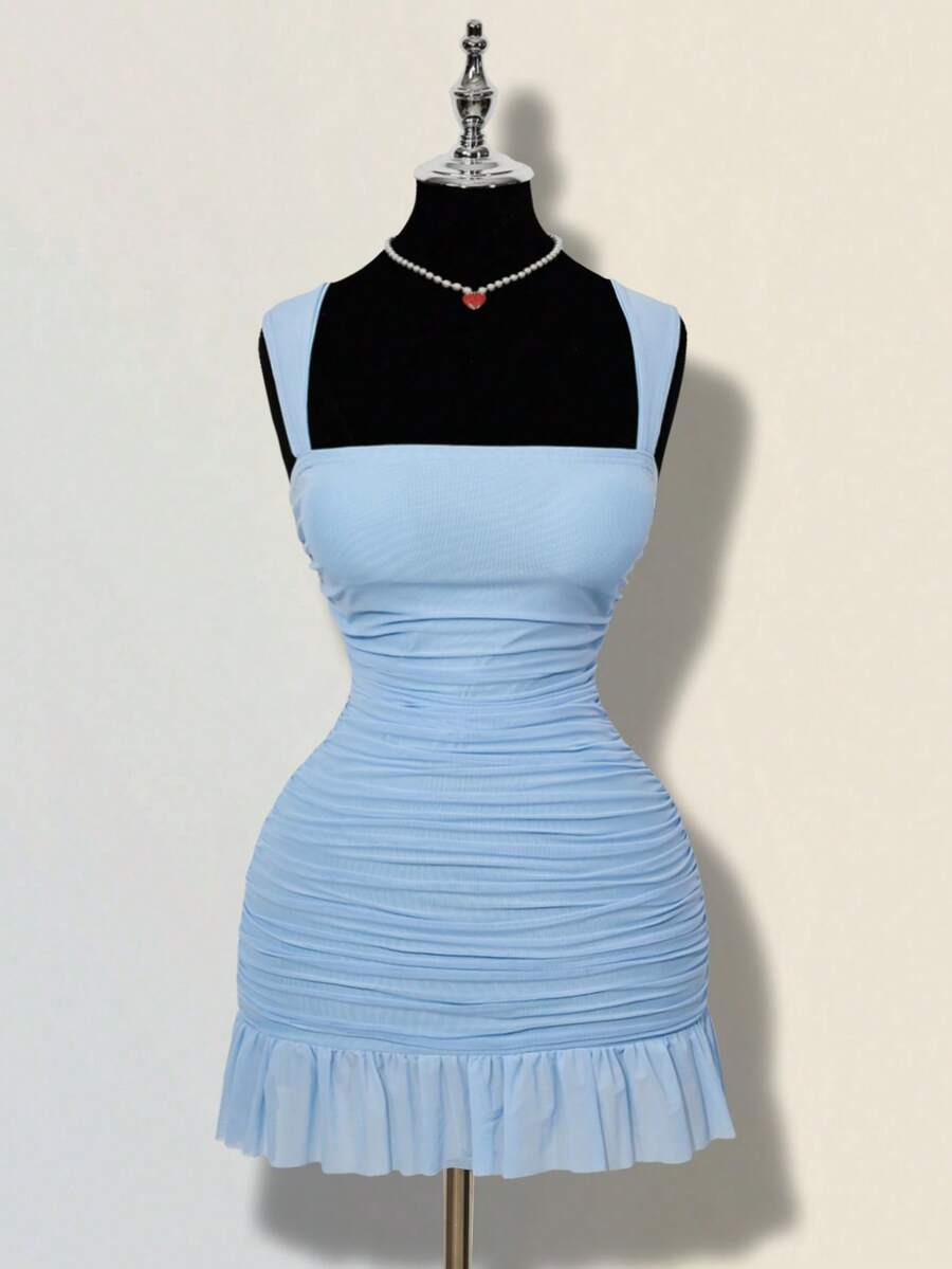 SHEIN ICON 女士优雅荷叶边迷你连衣裙，修身剪裁，网纱面料，适合夏季约会 - 淺藍色 - 查看 1