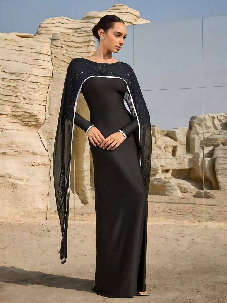 formal & gown abaya dress Graceveil Women's Elegant Chiffon Patchwork Dress,Dubai Arabic Luxury Egyptian Evening Dining Black Autumn Dresses modest islamic evening gowns
