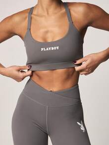 Missguided x Playboy High Waisted Cross Over Waist Full Length Fitted Sports Leggings With Small Logo Print For Active Lifestyle Workout Training Exercise - Grey - View 4