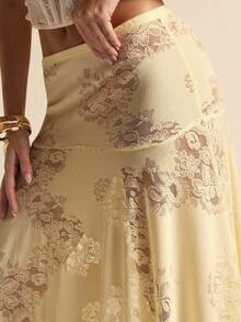 SHEIN BAE 杏色不对称下摆低腰蕾丝鱼尾裙，优雅杏色半身裙，适合派对、鸡尾酒会、生日礼服、伴娘礼服、婚礼宾客着装，春夏款。 - 杏色 - 查看 7