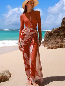 Swim Shayni 春夏沙滩休闲度假前拉链长袖连体裤+印花网纱裙两件套，中东连体泳衣 - 亮橙色 - 查看 4