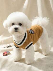 PETSIN Áo len thú cưng màu nâu phong cách đại học, ấm áp cho mèo và chó, lý tưởng cho mùa thu/đông - màu nâu - Xem 2