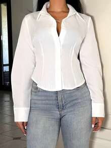 Vassilux 基本款休闲长袖收腰衬衫 - 白色 - 查看 3