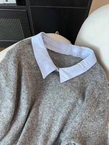 SHEIN CURVE+ 大码女式撞色高领长袖休闲宽松针织衫，秋冬款 - 灰色 - 查看 5