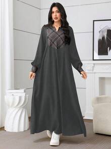 Al Najma Vestido casual suelto de fiesta con cuello en V y patrón de rombos para mujer - Gris - Ver 4