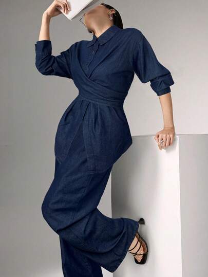 Heiryn Women's Fashion Commuter Lace-Up Waist Shirt And Jeans Set Spring To Summer Valentine's Day Carnival Costume Commuting Vacation Graduation Chic Y2k Cute Streetwear Party Wedding Elegant Business Casual Woman Ladies Elegant Dark Blue Denim Set With Waist Tie And Buttoned Cuffs