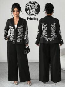 Elenzga New Season Long Sleeve Blazer Collar Cinched Waist Printed Jacket & Extended Pants Suit Set, Suitable For Daily Office Occasions And Holiday Events - Black - View 1
