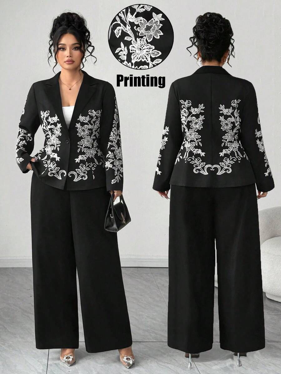 Elenzga New Season Long Sleeve Blazer Collar Cinched Waist Printed Jacket & Extended Pants Suit Set, Suitable For Daily Office Occasions And Holiday Events - Black - View 1