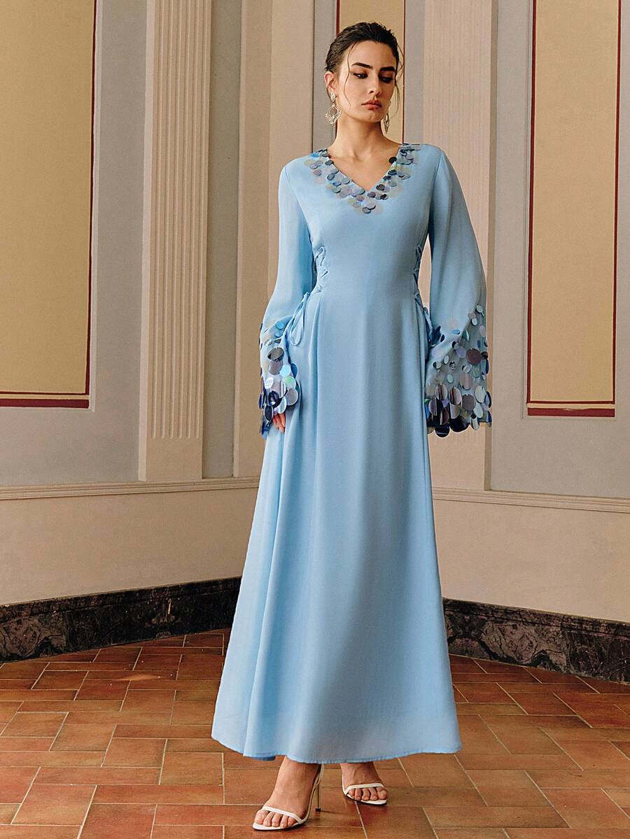 Anewsta Women's V-Neck Flare Sleeve Pearl Embellished Elegant Dress - Blue - View 1