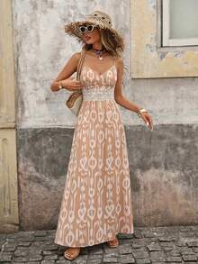 Brillora Váy ren hở lưng in họa tiết tương phản cho kỳ nghỉ hè dành cho nữ - Màu Khaki - Xem 2
