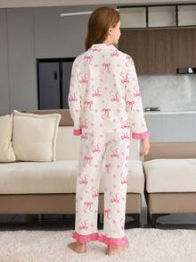 SHEIN 女童紫色郁金香印花长袖上衣和裤子两件套睡衣 - 粉色 - 查看 2