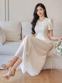 DAZY 女士优雅纯色串珠泡泡袖上衣和半裙两件套，春夏婚礼宾客礼服 - 米色 - 查看 6