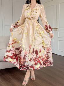 DAZY Đầm dài tay phồng cổ chữ V họa tiết hoa thanh lịch dành cho nữ, đầm maxi dự tiệc cưới mùa xuân/hè. - Đỏ - Xem 4