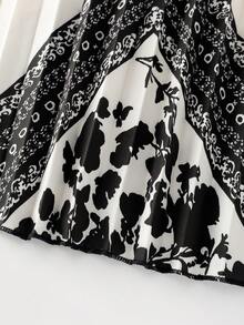 SHEIN Franclia 新款黑杏色艺术印花连衣裙，立领长袖收腰褶裥长裙，精致别致优雅的高端女装 - 彩色 - 查看 4