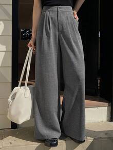 DAZY Quần ống rộng cạp cao màu trơn dành cho nữ - Xám - Xem 4