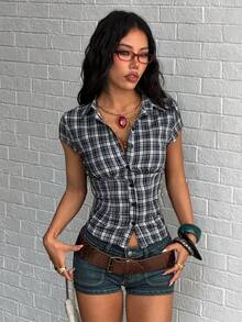 Jeanoix Women's Sexy Y2K Plaid Fitted Shirt - Blue - View 3
