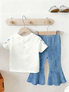 Set de 2 piezas con parte superior de manga corta con estampado de lazo y pantalones acampanados para niñas bebés, ligero y de moda, adecuado para primavera, verano y otoño, de 6 meses a 2-3 años - Multicolor - Ver 2