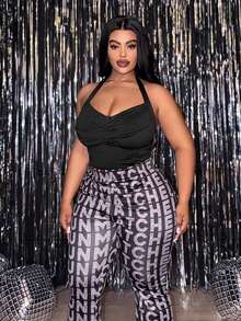 Slaydiva Bodysuit Rajut Hitam Kasual Tanpa Lengan Model Halter Neck Ukuran Plus dengan Detail Lipatan - Hitam - View 8