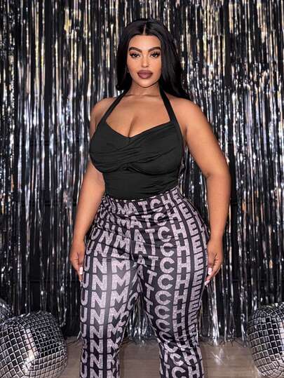 Slaydiva Plus Size Women Solid Color Ruched Halter Jumpsuit