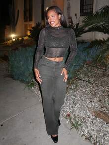 Tyla Gomez 生菜饰边星形网眼上衣，Blingbling 打底 T 恤 - 黑色 - 查看 5