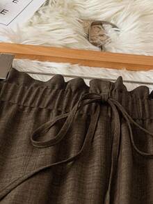 SHEIN PETITE Women's Elegant Casual Brown Floral Lace Bow Tie Waist Slim Fit Wide Leg Pants, Spring/Summer - Brown - View 5