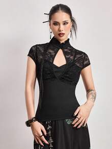 ROMWE Avant 新中式蕾丝拼接修身女式衬衫 - 黑色 - 查看 1