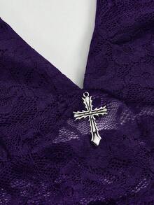 ROMWE Spring/SummercasualGothic Cross Decor Lace Halter Neck Top For Women - Purple - View 4