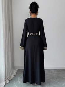 Rafferiza 方领褶裥优雅雪纺长裙，黑色金箔花卉印花，长袖，优雅浪漫，女士秋冬/春季连衣裙 - 黑色 - 查看 2