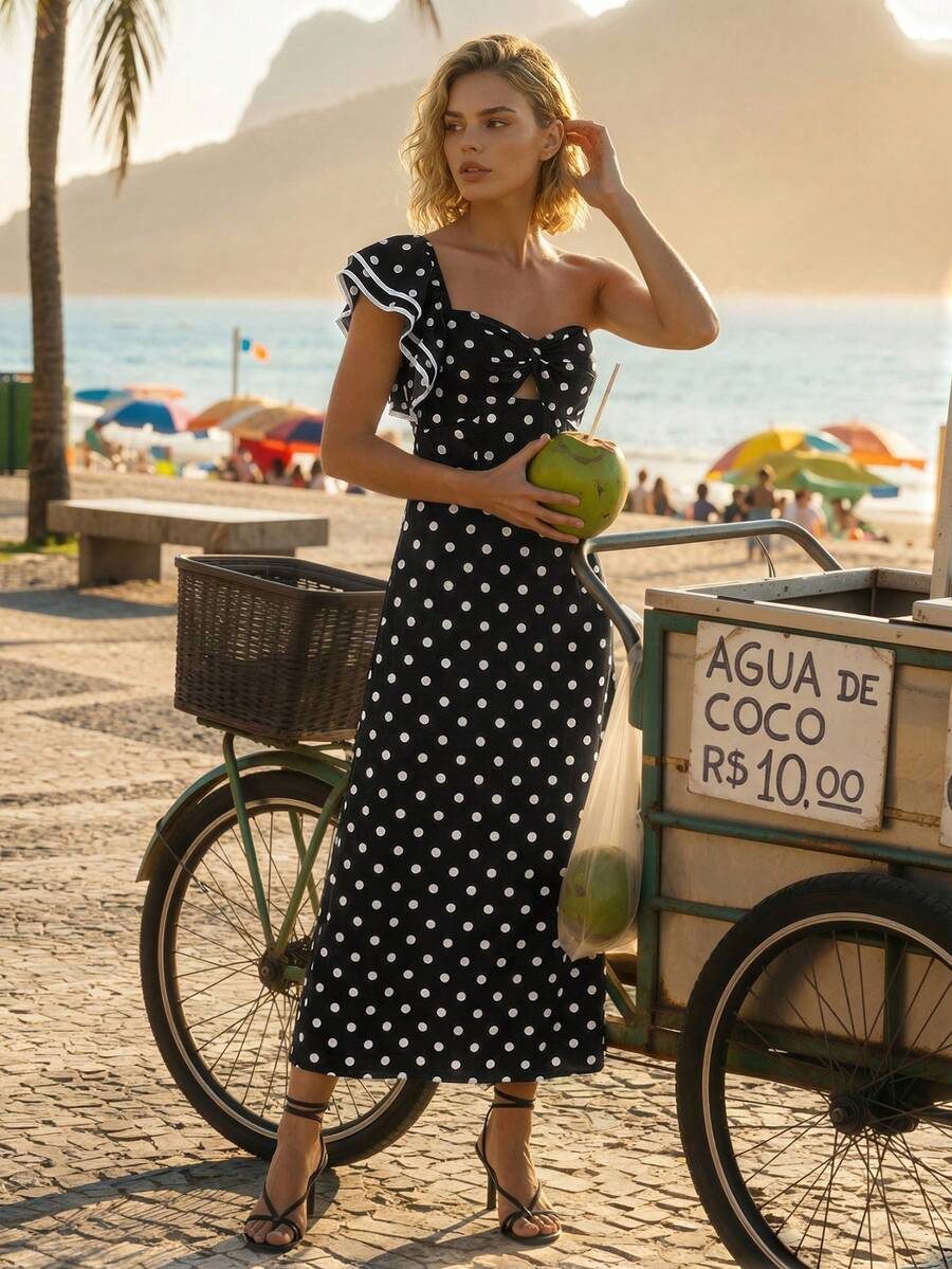 CAJUNI Women's Vacation Ruffle Sleeve Polka Dot Print Fitted Elegant Fashion Dress - Black and White - View 1